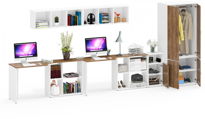 Лидер-8 Стол + Полка + Стол + Полка + Шкаф МД 19Б + Тумба МД 3.19, белый шагрень/крафт золото