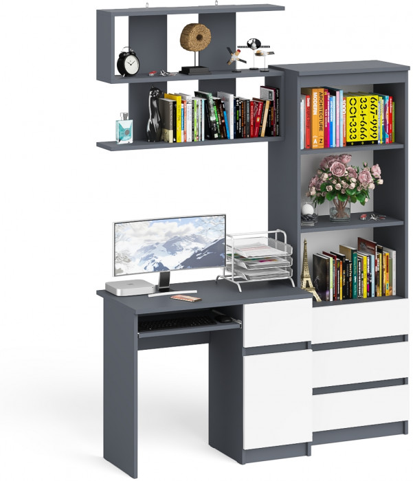 Мори компьютерный стол МС-1 правый + Стеллаж МСТ600.3 + Полка 900, графит/белый