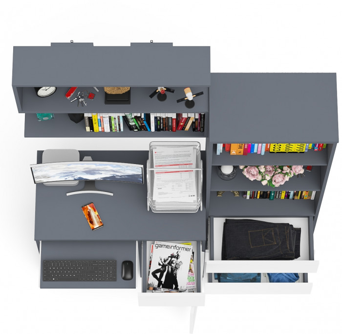 Мори компьютерный стол МС-1 правый + Стеллаж МСТ600.3 + Полка 900, графит/белый