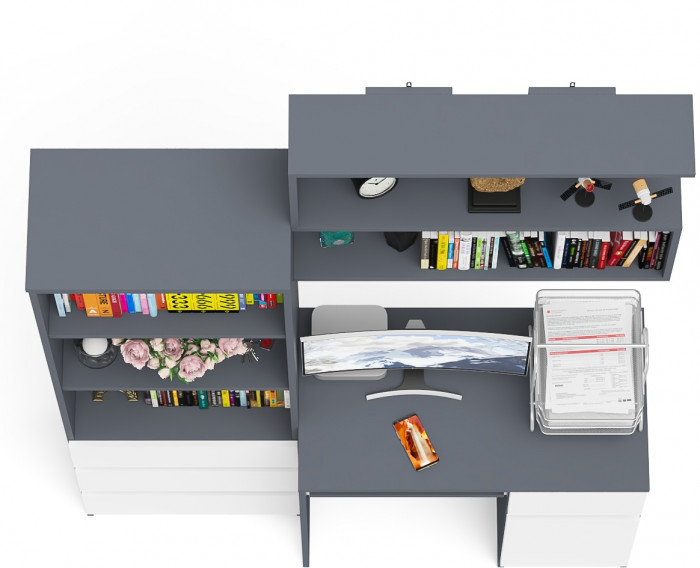 Мори компьютерный стол МС-1 правый + Стеллаж МСТ600.3 + Полка 900, графит/белый