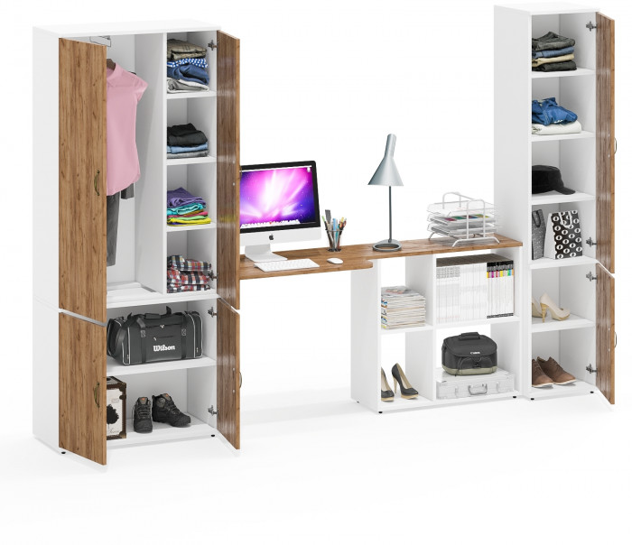 Лидер-8 Шкаф МД 20Б + Стол + Пенал 22Б, цвет белый шагрень/крафт золото, ШхГхВ 285х50/37,5х75/190 или 195х120х75/190 см., НЕ ун.сб.