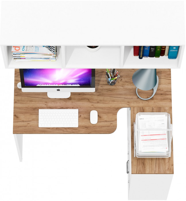 Лидер-8 Стол + Полка, цвет белый шагрень/крафт золото, ШхГхВ 165х50/30х190 см. или 115х50/80х190 см., НЕ универсальная сборка