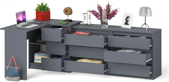 Мори Стол компьютерный МС-16 правый + Комод МК1380.6, цвет графит, ШхГхВ 262,4х84,9х76,6 см., выдвижные ящики справа, НЕ универсальная сборка