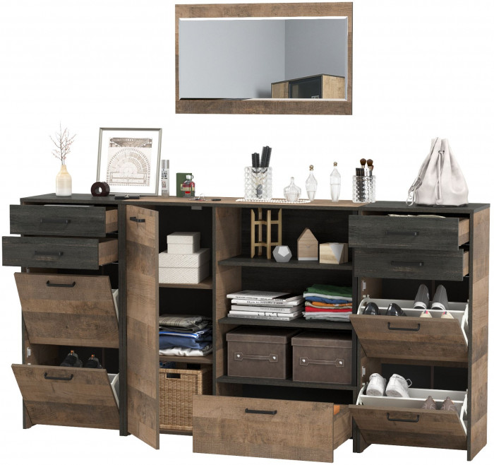 Трувор Прихожая 145, цвет дуб гранж песочный/интра, ШхГхВ 209х37х195 см., универсальная сборка