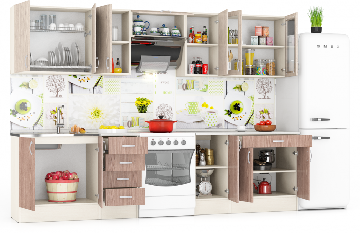 Кухня Мери 08 ШВ800+ШВ400+ШВв600+ШВ400+ШВС800+ШНМ800+ШН4Я400+ШН400+ШН1Я800, цвет дуб/ясень шимо светлый/тёмный, ШхГхВ 300х30х67 см./240х60х85 см.