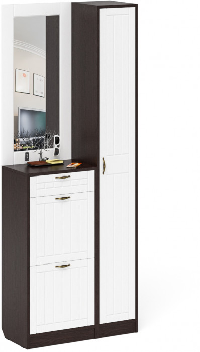 Прихожая П-6 Компоновка № 23, цвет венге/фасады МДФ белое дерево фрезеровка прованс, ШхГхВ 80х35х210 см., универсальная сборка