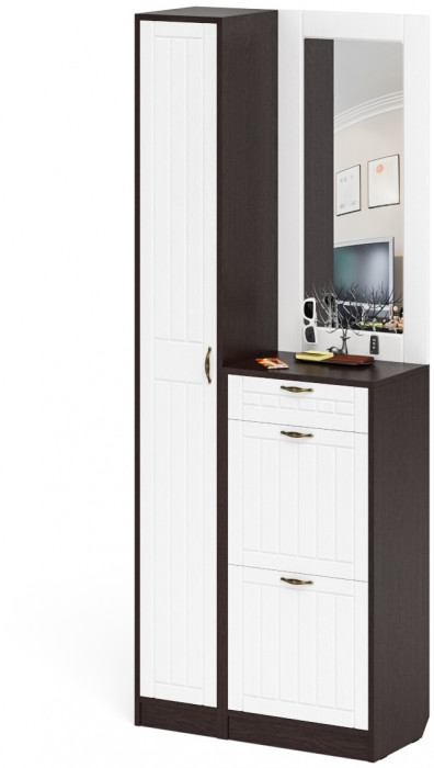 Прихожая П-6 Компоновка № 23, цвет венге/фасады МДФ белое дерево фрезеровка прованс, ШхГхВ 80х35х210 см., универсальная сборка