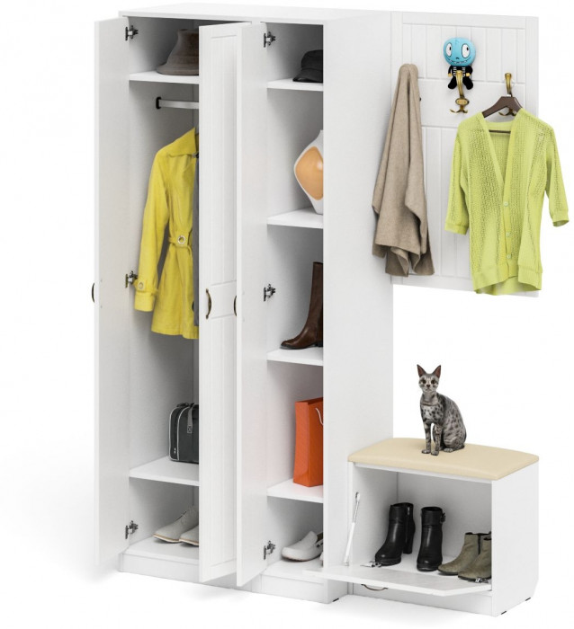 Прихожая П-6 Компоновка № 47, цвет белая шагрень/фасады МДФ белое дерево фрезеровка прованс, ШхГхВ 150х50х210 см., универсальная сборка