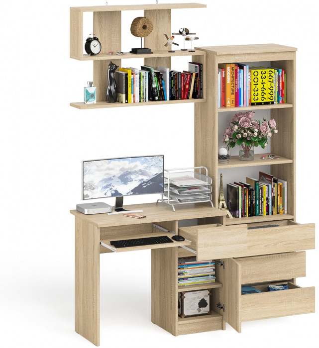 Мори компьютерный стол МС-1 правый + Стеллаж МСТ600.3 + Полка 900, дуб сонома