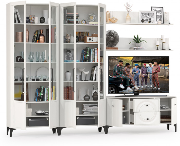 Валенсия Гостиная № 075, цвет ЛДСП белый шагрень/МДФ белый шагрень, ШхГхВ 301,3х38,3х225,2 см., универсальная сборка