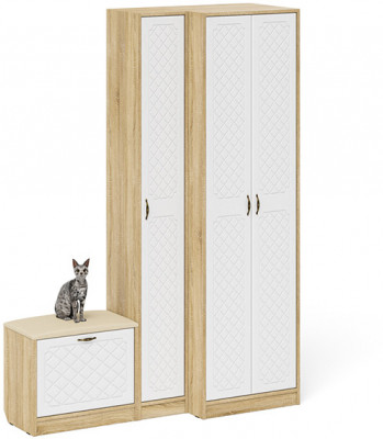 Прихожая П-6 Компоновка № 25, цвет дуб сонома/фасады МДФ белое дерево фрезеровка ромб, ШхГхВ 150х50х210 см., универсальная сборка