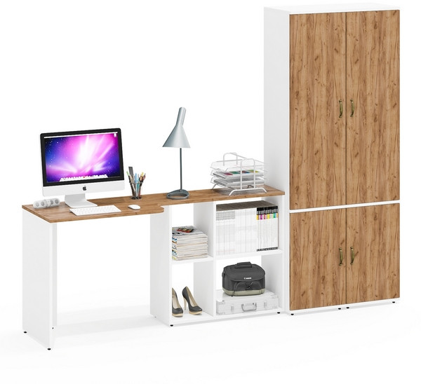 Лидер-8 Стол + Пенал МД 22Б + Пенал МД 22Б, белый шагрень/крафт золото