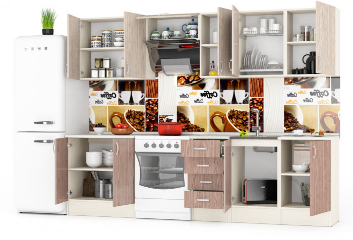 Кухня Мери 09 ШВ500+ШВ500+ШВ400+ШВв600+ШВ800+ШН500+ШНМ500+ШН4Я400+ШН800, цвет дуб/ясень шимо светлый/тёмный, ШхГхВ 280х30х67 см./220х60х85 см.