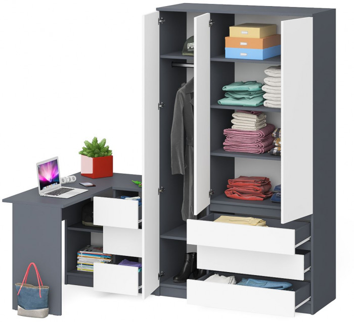 Мори компьютерный стол МС-16 правый + Шкаф МШ1200.1, графит/белый