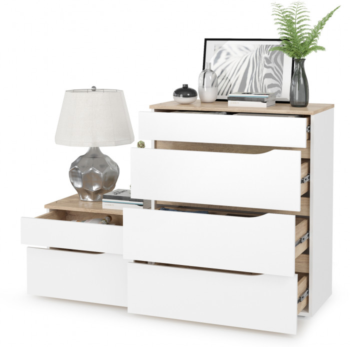 Муссон 13.97 Комод + 16.03 Тумба, цвет белый/дуб эндгрейн элегантный, ШхГхВ 133х39,4х92,6 см., четыре выдвижных ящика, ручки-вырезы, НЕ универс. сб.