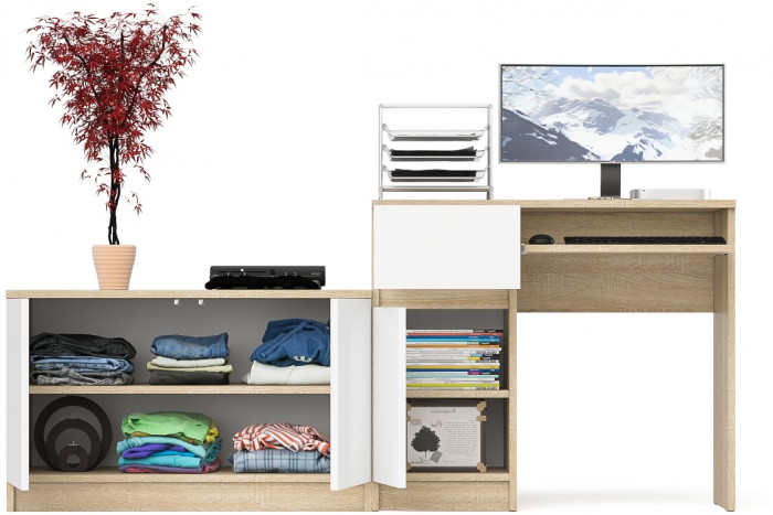 Мори компьютерный стол МС-1 левый + Тумба МА900.1, дуб сонома/белый