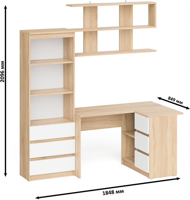 Мори компьютерный стол МС-16 правый + Стеллаж МСТ600.3 + Полка 1200, дуб сонома/белый