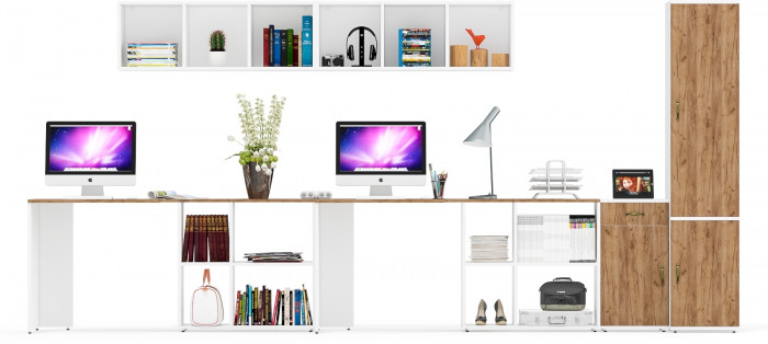 Лидер-8 Стол + Полка + Стол + Полка + Пенал МД 22Б + Тумба МД 3.15, цвет белый шагрень/крафт золото, 410х50х75/190 или 230х160/50х75/190, НЕ ун. сб.