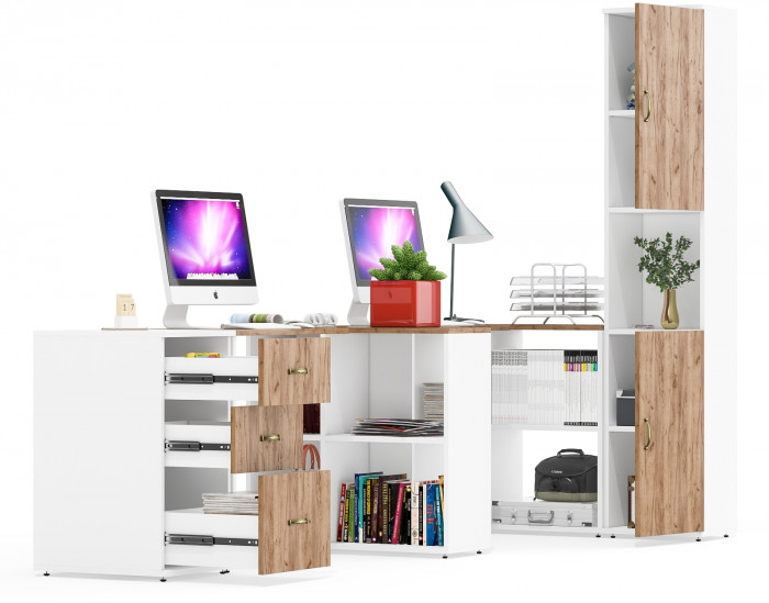 Лидер-8 Стол + Стол + Пенал + Тумба МД 3.16, цвет белый шагрень/крафт золото, ШхГхВ 410х50/30х75/190 см. или 230х50/160х75/190 см., НЕ универс. сборка