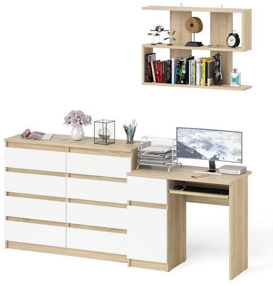 Мори Стол компьютерный МС-1 левый + Комод МК1200.8 + Полка 900, цвет дуб сонома/белый, ШхГхВ 210,4х50х209,6 см., НЕ универсальная сборка