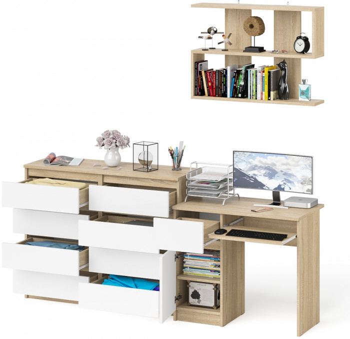 Мори Стол компьютерный МС-1 левый + Комод МК1200.8 + Полка 900, цвет дуб сонома/белый, ШхГхВ 210,4х50х209,6 см., НЕ универсальная сборка