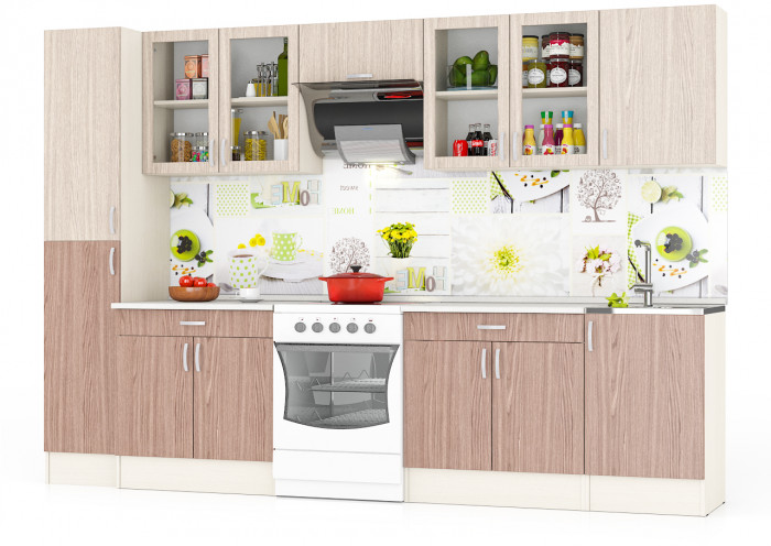 Кухня Мери 10 ШВ500+ШВС800+ШВв600+ШВС800+Пенал кухонный 40 см.+ШНМ500+ШН1Я800+ШН1Я800, цвет дуб/ясень шимо светлый/тёмный, ШхГхВ 310х60х212 см.