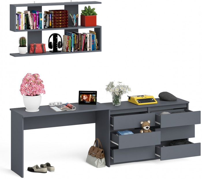 Мори Стол письменный МСП1200.1 + Комод МК1200.6 + Полка 1200, цвет графит, ШхГхВ 240,8х50х209,6 см., универсальная сборка