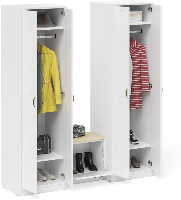 Прихожая П-6 Компоновка № 07, цвет белая шагрень/фасады МДФ белое дерево фрезеровка прованс, ШхГхВ 180х50х210 см., универсальная сборка