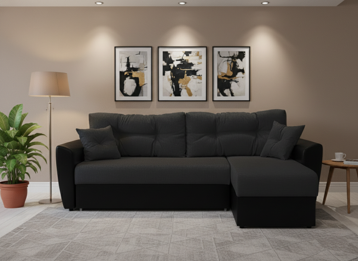 Диван-еврокнижка угловой Амстердам, 150х200, рогожка/экокожа черный