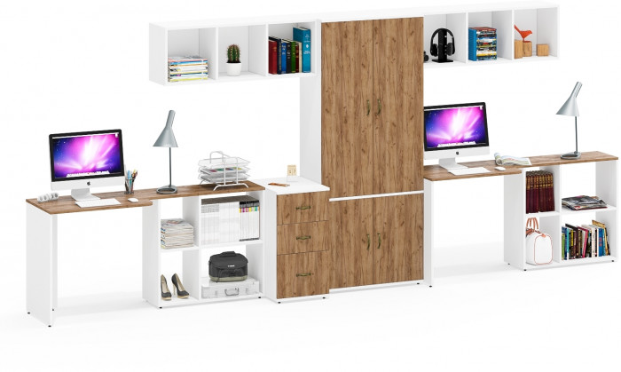 Лидер-8 Стол + Полка + Стол + Полка + Шкаф МД 20Б + Тумба МД 3.16, белый шагрень/крафт золото