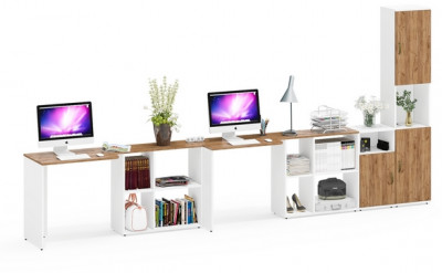 Лидер-8 Стол + Стол + Пенал + Тумба МД 3.19, цвет белый шагрень/крафт золото, ШхГхВ 410х50/30х75/190 см. или 230х50/160х75/190 см., НЕ универс. сборка