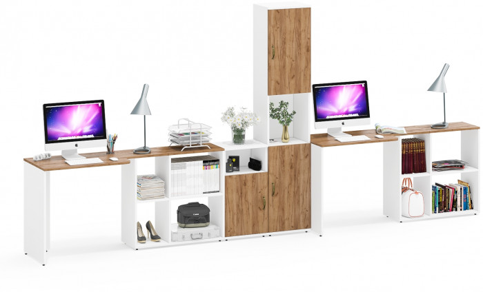 Лидер-8 Стол + Стол + Пенал + Тумба МД 3.19, цвет белый шагрень/крафт золото, ШхГхВ 410х50/30х75/190 см. или 230х50/160х75/190 см., НЕ универс. сборка