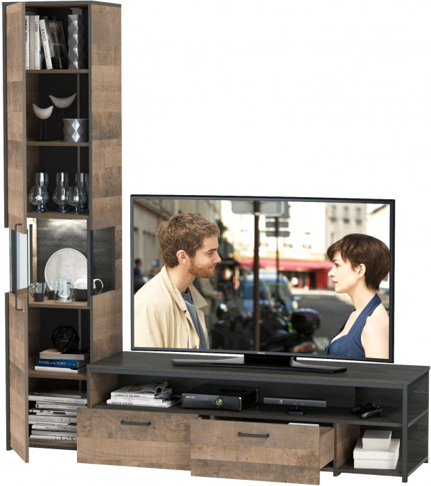 Трувор 13.70 Тумба под ТВ + 13.205 Шкаф-пенал с витриной, цвет дуб гранж песочный/интра, ШхГхВ 194,6х45,4х210 см., универсальная сборка