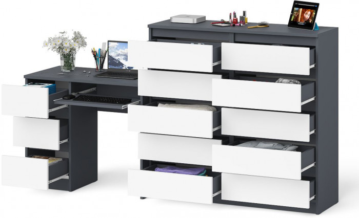 Мори Стол компьютерный МС-6 левый + Комод МК1200.10, цвет графит/белый, ШхГхВ 210,4х50х115 см., выдвижные ящики слева, НЕ универсальная сборка