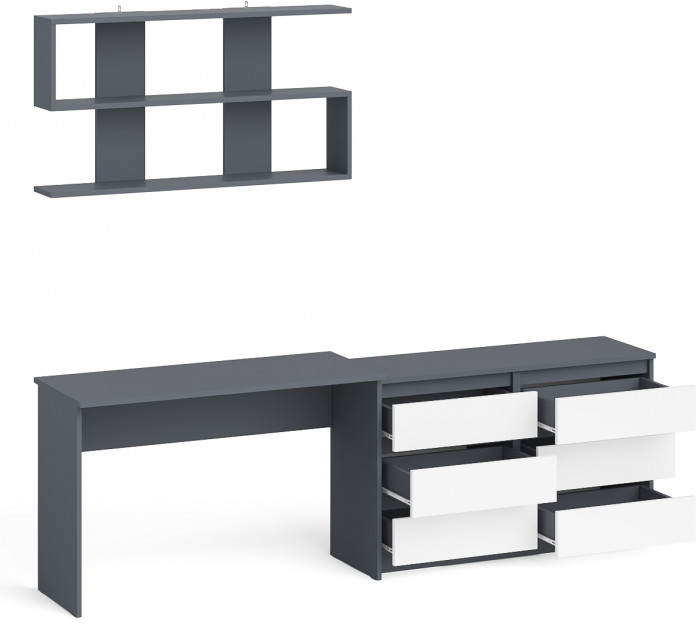 Мори Стол письменный МСП1200.1 + Комод МК1200.6 + Полка 1200, цвет графит/белый, ШхГхВ 240,8х50х209,6 см., универсальная сборка