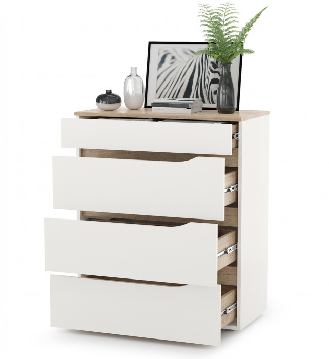 Муссон 13.97 Комод, цвет белый/дуб эндгрейн элегантный, ШхГхВ 77х39,4х92,6 см., четыре выдвижных ящика, ручки-вырезы, НЕ универсальная сборка