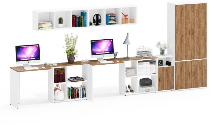 Лидер-8 Стол + Полка + Стол + Полка + Шкаф МД 20Б + Тумба МД 3.19, белый шагрень/крафт золото