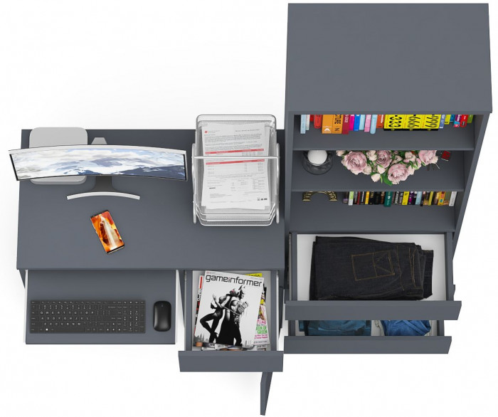 Мори компьютерный стол МС-1 правый + Стеллаж МСТ600.3, графит