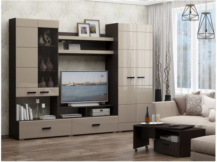 Гостиная Гамма-17 МДФ (Латте глянец, Ясень шимо светлый)