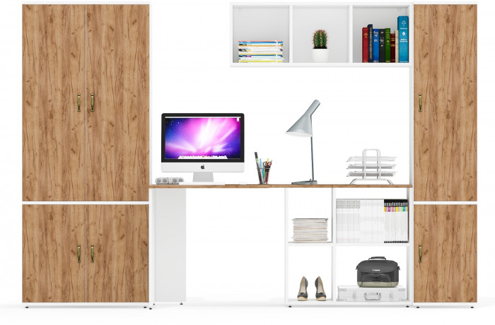 Лидер-8 Шкаф МД 20Б + Стол + Полка + Пенал 22Б, цвет белый шагрень/крафт золото, ШхГхВ 285х50/37,5х75/190 или 195х120х75/190 см., НЕ ун.сб.