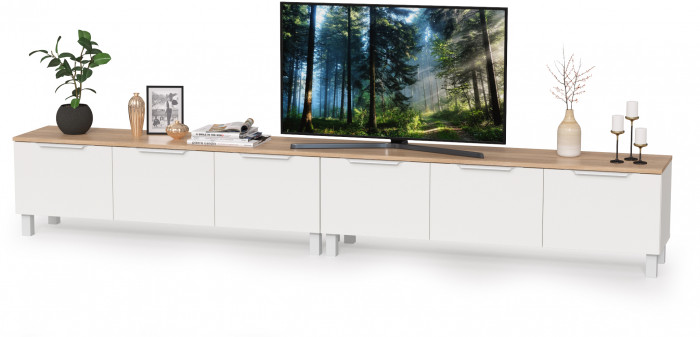 КР100 Тумба под ТВ 13.267.01 + 13.267.01, цвет белый шагрень/дуб сонома, ШхГхВ 276,8х34,9х43,8 см., универсальная сборка