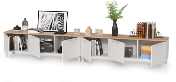 КР100 Тумба под ТВ 13.267.01 + 13.267.01, цвет белый шагрень/дуб сонома, ШхГхВ 276,8х34,9х43,8 см., универсальная сборка