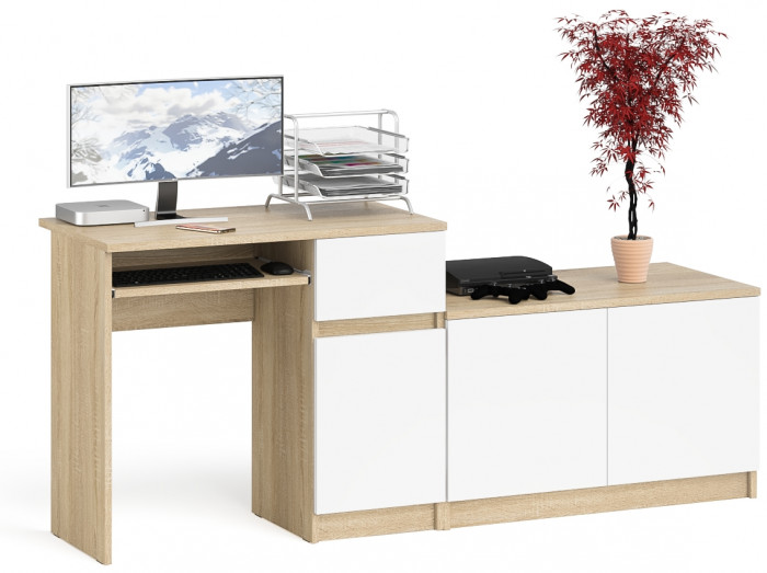 Мори компьютерный стол МС-1 правый + Тумба МА900.1, дуб сонома/белый