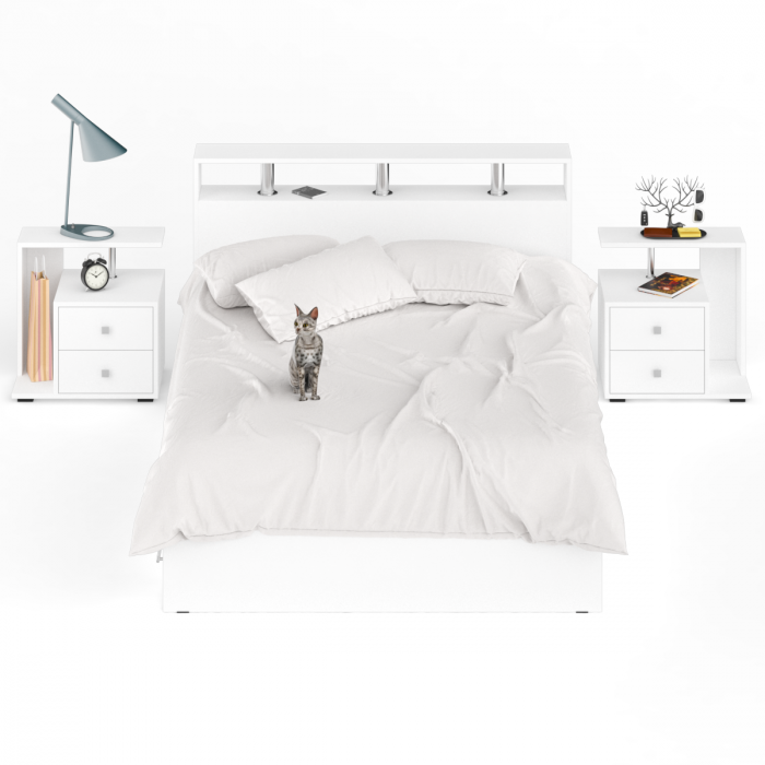 Камелия Кровать с ящиками 1400 + две тумбы, цвет белый, ШхГхВ 256х217х78,2 см., сп.м. 1400х2000 мм., без матраса, основание есть