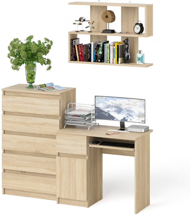 Мори Стол компьютерный МС-1 левый + Комод МК700.5 + Полка 900, цвет дуб сонома, ШхГхВ 160,4х50х209,6 см., НЕ универсальная сборка