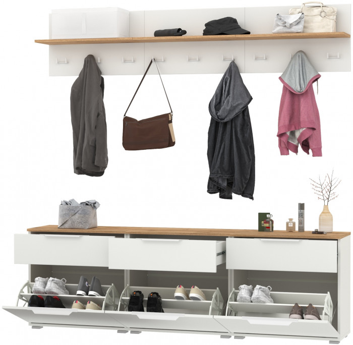 Октава Прихожая 04, цвет белый шагрень/дуб крафт золотой/фасады МДФ белый шагрень, ШхГхВ 194,7х35,4х197 см.