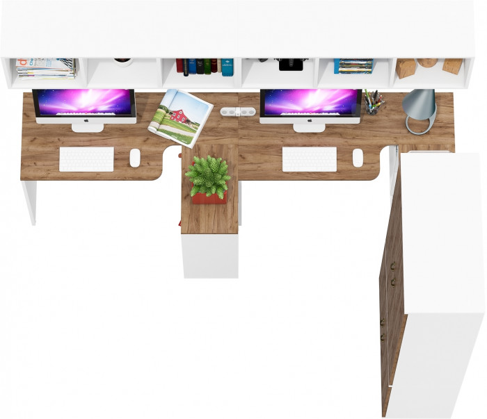 Лидер-8 Стол + Полка + Стол + Полка + Шкаф МД 20Б, белый шагрень/крафт золото