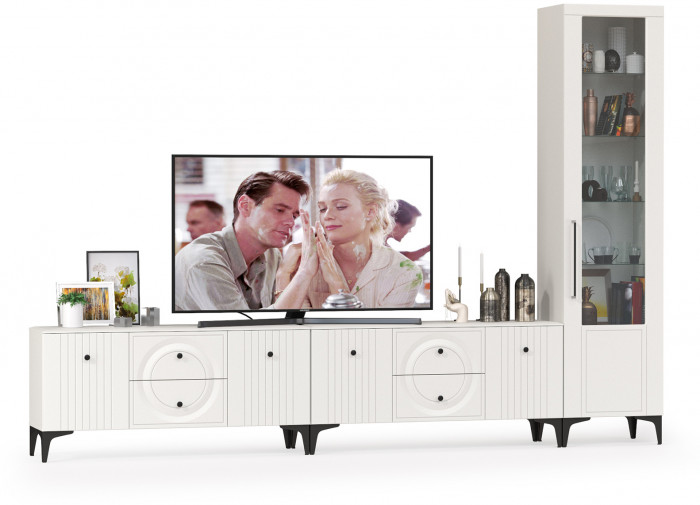 Валенсия Гостиная № 079, цвет ЛДСП белый шагрень/МДФ белый шагрень, ШхГхВ 321,2х38,3х225,2 см., универсальная сборка