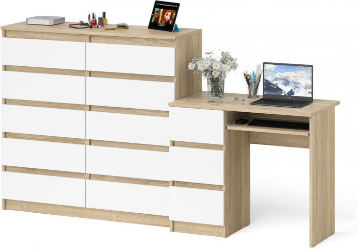 Мори Стол компьютерный МС-6 левый + Комод МК1200.10, цвет дуб сонома/белый, ШхГхВ 210,4х50х115 см., выдвижные ящики слева, НЕ универсальная сборка