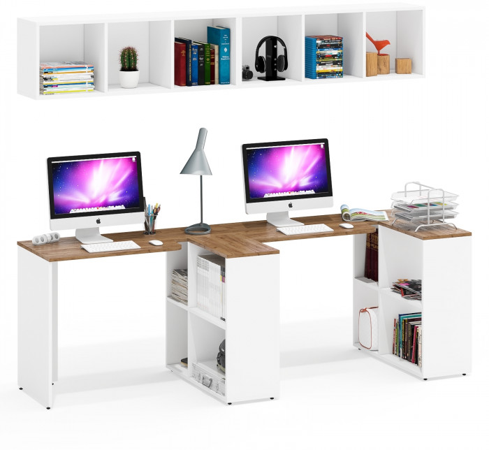 Лидер-8 Стол + Полка + Стол + Полка, белый шагрень/крафт золото